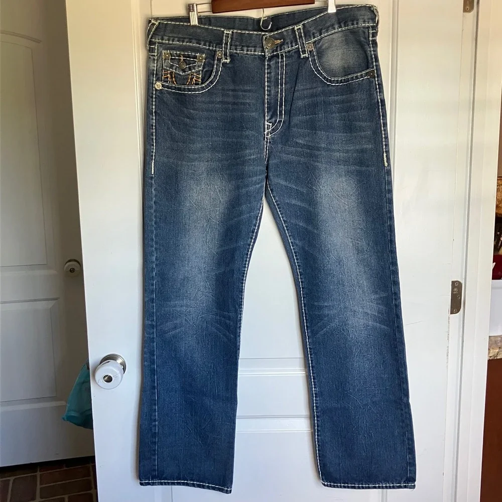 True Religion Ricky Super T Jeans Mens Sz 40 Denim Flap Thick Stitch